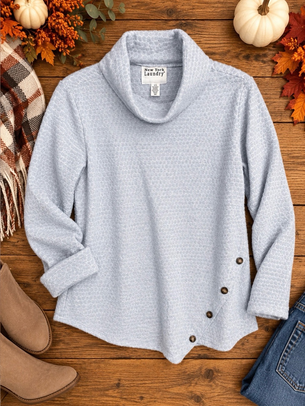 New York Laundry Light Blue Textured Cowl Neck Sweater